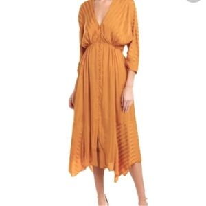 JOIE Silk Midi V-neck dress with cinched waist ruched half-sleeves flowy hemline